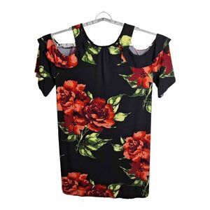 Chris & Carol Plus Womens Size 3X Cold Shoulder Tunic Dress Black Floral Knit